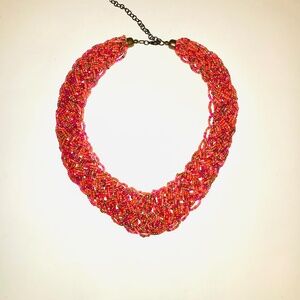 Pink Braided Seed Bead Necklace Choker Woven Gold Accents 16” Lobster Clasp